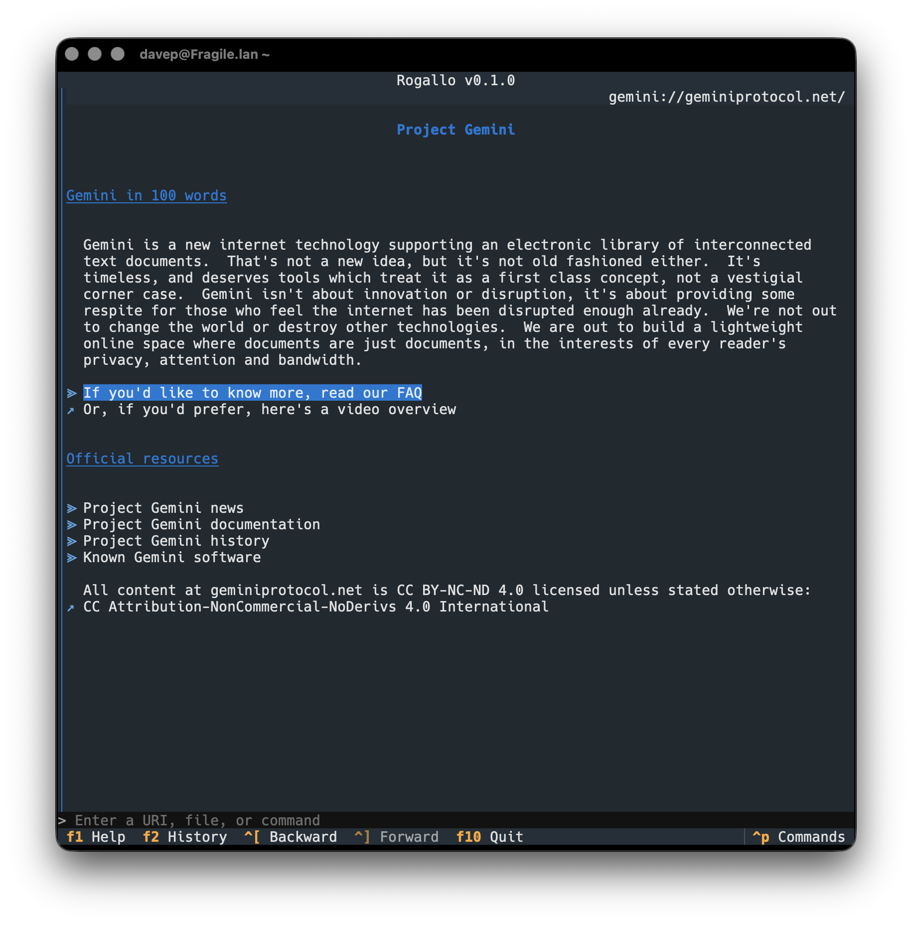Rogallo displaying the Gemini home page