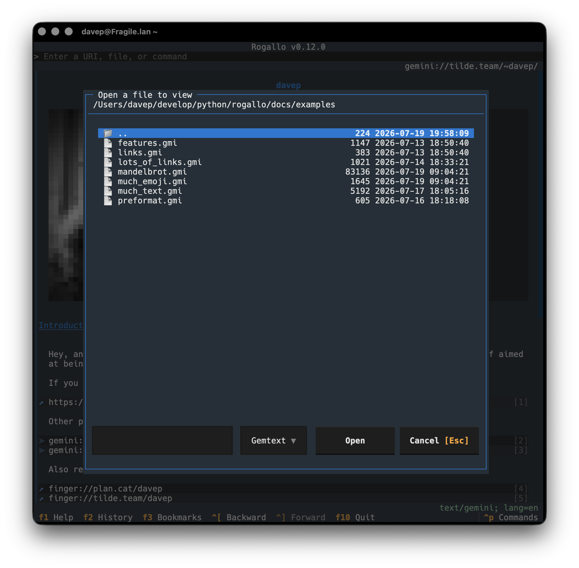 The file opening dialog